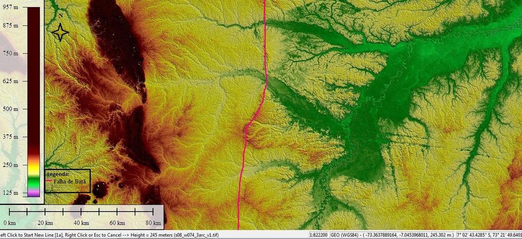 De acordo com dados SRTM, foram identificados 4 níveis de terraços, Holocênicos e Pleistocênicos na região de Cruzeiro do Sul, como mostra a Figura 47.
