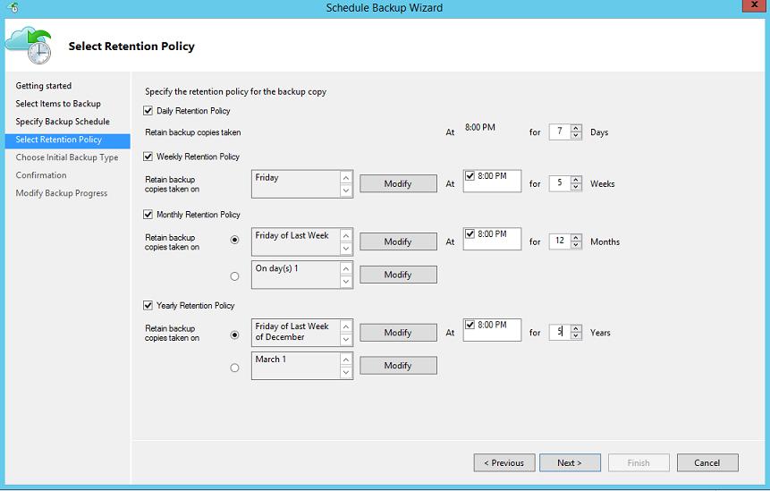 Figura 13 - Politica de Retenção Azure Backup File and Folders Adicionamos a partição E:\