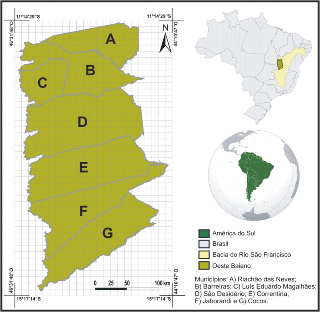 186 O. A. Santana et al. Figura 1. Localização da área de estudo: os sete municípios estudados no Oeste Baiano, Bahia, Brasil aproximadamente.