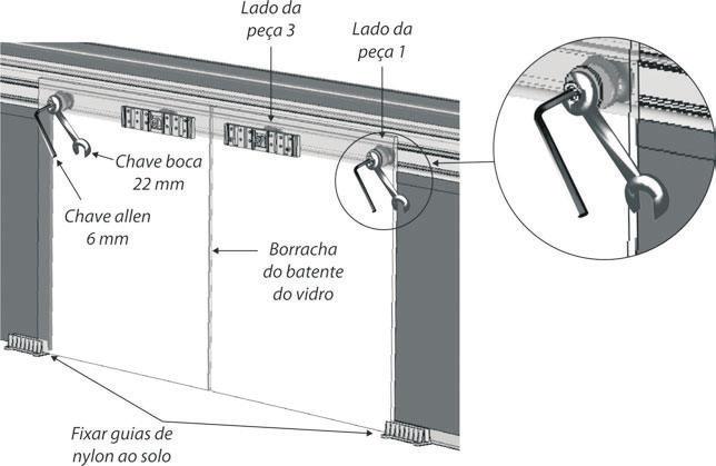 Encaixe a peça 1 (bucha de fixação menor) na roldana traseira do vidro que já está no trilho. Encaixe a peça 3 