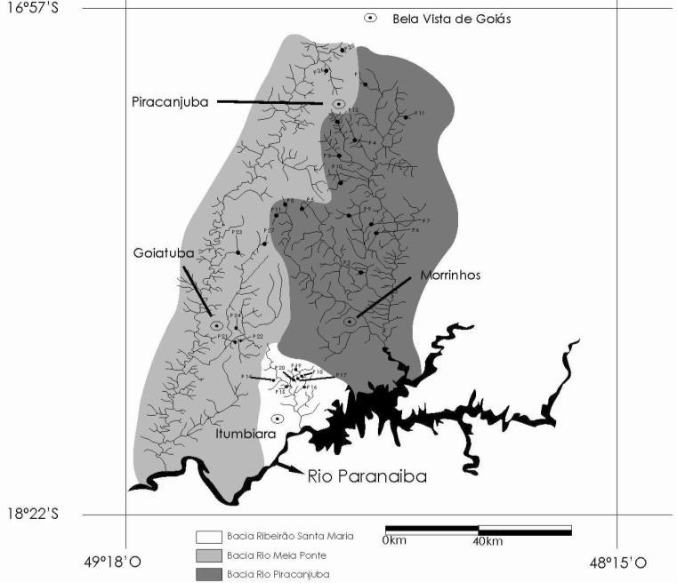 Figura 1: Localização dos riachos amostrados nos municípios de Goiatuba,