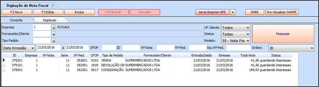 Server, conforme mostra imagem abaixo: 3 Venda: Caso o usuário tenha cancelado a emissão de NF-e de Venda a partir da Devolução Simbólica, é possível efetuar o procedimento diretamente na opção