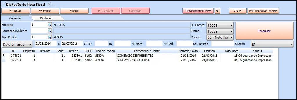 para emissão na tela de Digitação de Notas Fiscais no Futura Server, conforme