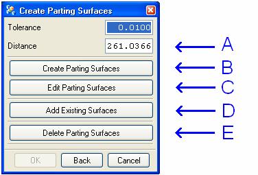 Parting Surfaces Submenu corresponde às parting surfaces A Distância calculada pelo sistema, suficiente para que as Extrusões usadas na criação das superfícies de partição, ultrapassem o tamanho dos
