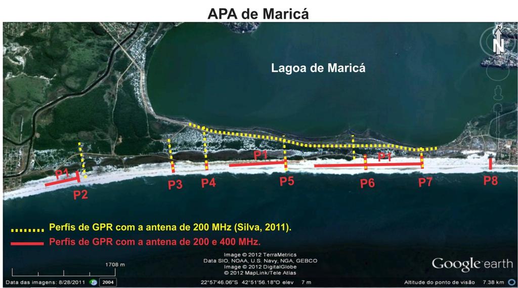 6 2. METODOLOGIA Este estudo sobre a barreira holocênica da APA de Maricá (RJ), contou com 8 perfis com o georadar (GPR) e 7 perfis topográficos ao longo do litoral.