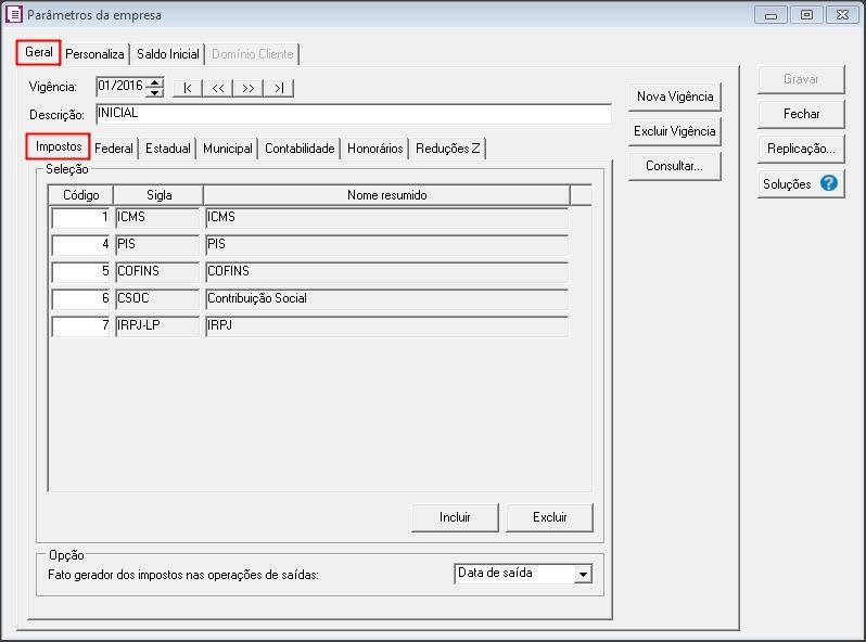 Título: Como configurar uma empresa de lucro presumido com regime de caixa? 1 PARÂMETROS DA EMPRESA 1.1 Acesse o menu CONTROLE e clique em PARÂMETROS; 1.2 Na guia GERAL, clique em IMPOSTOS; 1.