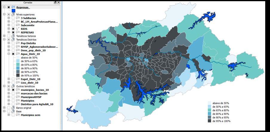 Figura 3 Lista de Camadas e Mapa Temático gerado no Quantum GIS: Mapa da distribuição de água na Região Metropolitana de São Paulo Fonte: o Autor 2.
