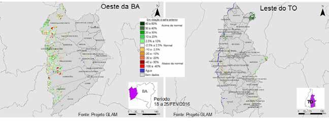 Figura 9 - Mapas de anomalia do IV das lavouras de grãos em relação à safra passada O mapa do Oeste da Bahia ainda mostra predomínio das áreas em verde, indicando respostas de IV da atual safra acima