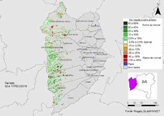 Entretanto, em comparação com o mapa do período anterior (2 a 17 de fevereiro) percebe-se que grande quantidade das áreas agrícolas que estavam em verde escuro (altos valores de IV), está migrando