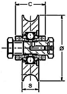 070005040060 1217 SC 117,5 1 22 17 Ø8 250kg 4 13,00 Roldana com base para cabo aço 070005045010 200 40 ---- 70 52 ----- ----- 50 1,15 RODA COM 1ROLAMENTO E EIXO COM GRASSER Ø Nº Peso Tipo de C S