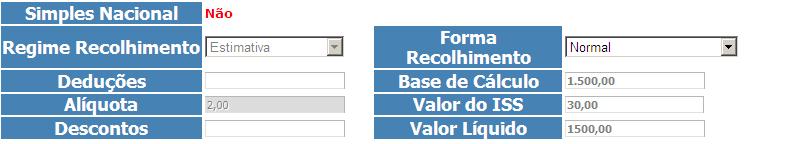 Campos Valor dos Serviços, Data de Emissão. Campos Simples Nacional, Regime de Recolhimento, Deduções, Alíquota, Desconto, Forma de Recolhimento, Base de Cálculo, Valor do ISSQN e Valor Liquido.