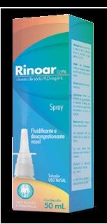 Rinoar cloreto de sódio 0,9% Referência: Rinosoro, Hypermarcas. Indicações: Fluidificante, umidificante e descongestionante nasal.