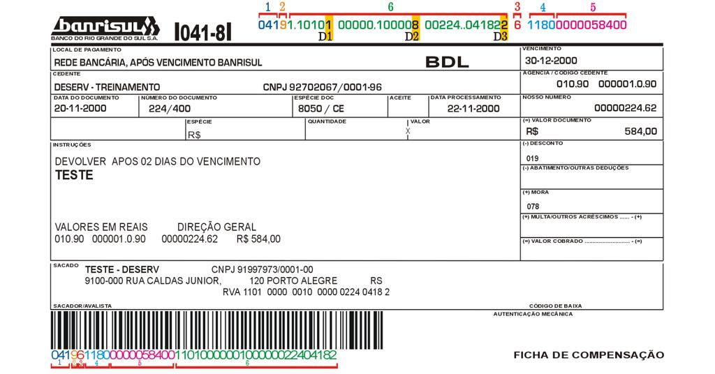 5.4 MODELO DE BLOQUETO APENAS COMO REFERÊNCIA 1. Código do Banco (segmento J - posições 018-020) 2. Código da Moeda (segmento J - posição 021) 3.