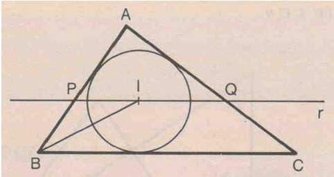 Exercíci 6: O pnt I da figura é centr da circunferência inscrita n triângul ABC e a reta r, cnduzida pr I, é paralela a BC.