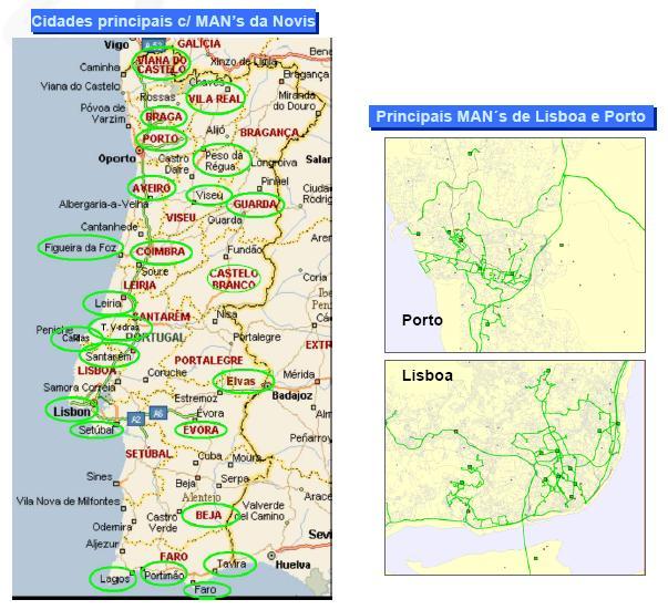 Figura 6 - Rede metropolitana em fibra óptica da Novis/Sonaecom (2005) Segundo o Relatório e Contas de 2008 da Sonaecom 178, a rede de transmissão backhaul foi melhorada, de forma a poder acomodar os