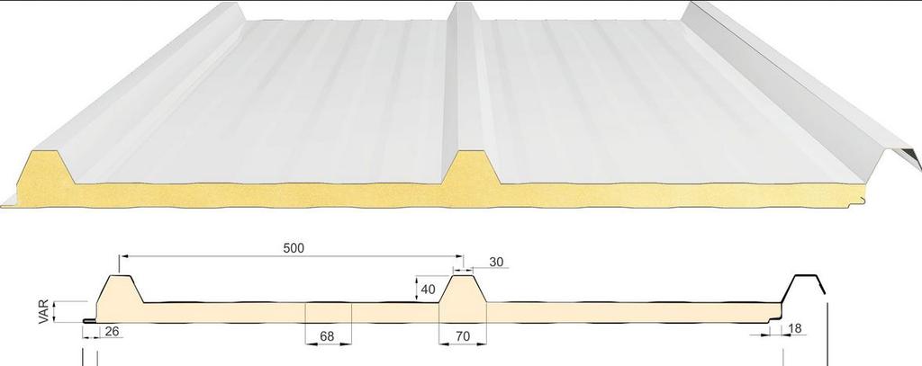 Figura 01 - telha tipo forro c. PU e= 30mm O processo de fabricação das telhas, deve ser em conformidade com a NBR 14514 da ABNT.