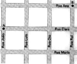 28) Este é o mapa de um bairro cujos quarteirões são quadrados de 100m de lado: Determine a afirmação falsa: a) Para ir de carro de A até B percorrem-se, no mínimo, 400m.