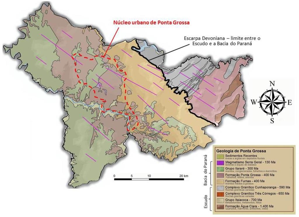 272 Figura 2. Esboço geológico do município de Ponta Grossa, indicando as principais formações do Embasamento e da Bacia, separados pela Escarpa Devoniana, que marca a separação dos planaltos.
