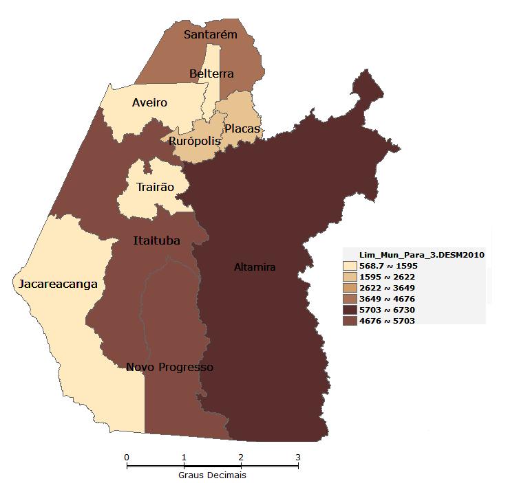 Figura 3 - Taxa de desmatamento acumulado para os anos de 2000 (à esquerda) e 2010 (à direta) nos municípios da área de estudo.
