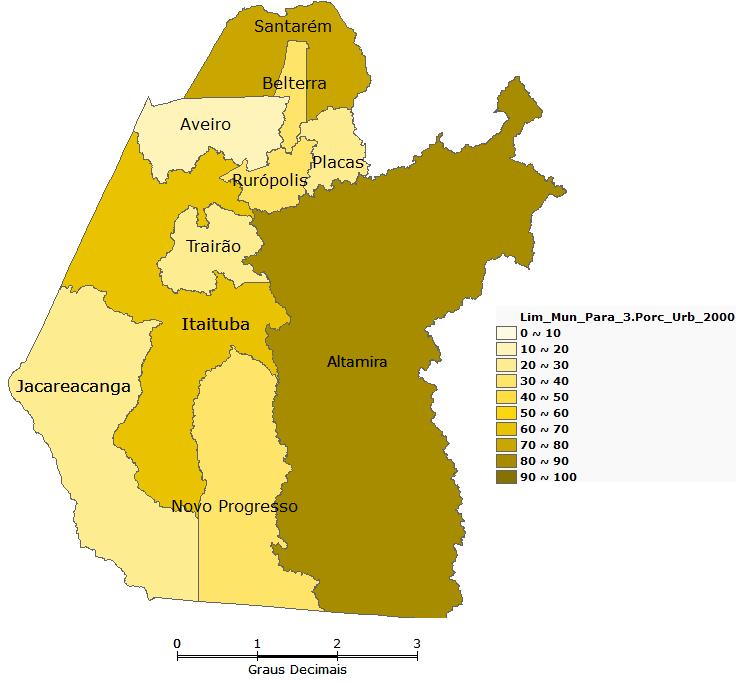 Figura 4 - População urbana em termos relativos (%) para os anos de 2000 (à esquerda) e 2010 (à direita).