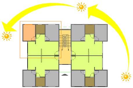 pode ser visualizada a planta baixa do pavimento tipo, a unidade selecionada de 43,55 m², a localização dos equipamentos de medição e a orientação solar da edificação.