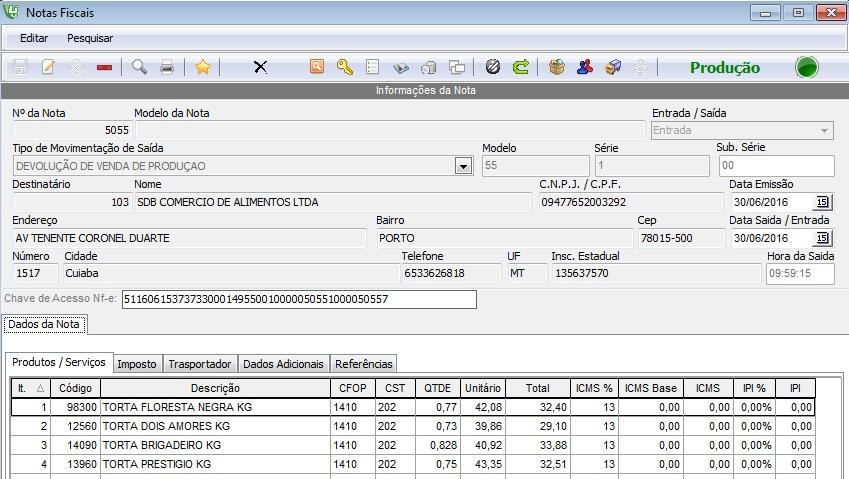 Guia Imposto - Demonstra os valores totais da NF os valores dos produtos, Base de ICMS e ST de Frete, Seguros e Outras Despesas.