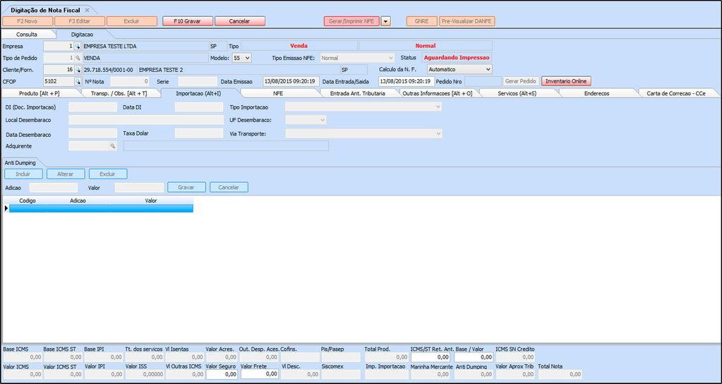 Aba Importação (Alt+I) Importação (Alt+I): Ao importar Nota Fiscal de Importação para o sistema, esta aba será preenchida automaticamente com as