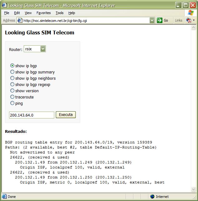 Looking glass Configuração: title[]: Looking Glass SIM Telecom hostname[core01]: core01.pae.simtelecom.net.