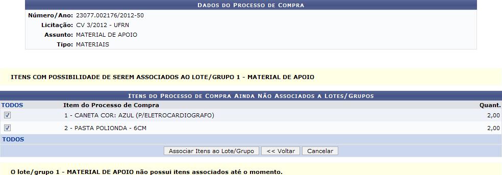 Para voltar para a tela anterior, clique em Voltar. Esta operação será válida para todas as telas que apresentarem esta função.