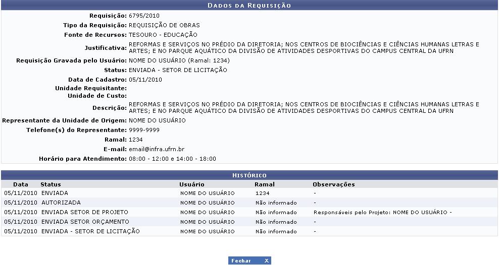 Figura 22: Dados da Requisição; Histórico Clique em para fechar esta tela e retornar à página anterior.