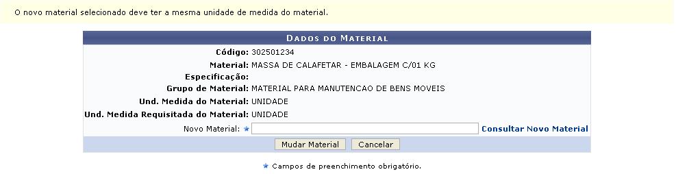 Informe o Código ou a Denominação do material desejado para buscá-lo. Exemplificaremos com o material de Código 302200030980.