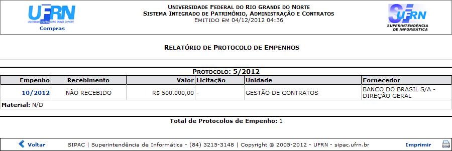 Figura 5: Relatório de Protocolo de Empenhos Para retornar à tela anterior, clique em Voltar.