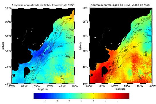 382 Soppa et al. Volume 26(3) intermediário, em geral apresentaram valores elevados e negativos de ATSM, ao passo que as áreas mais ao norte e em oceano aberto apresentaram baixas anomalias.