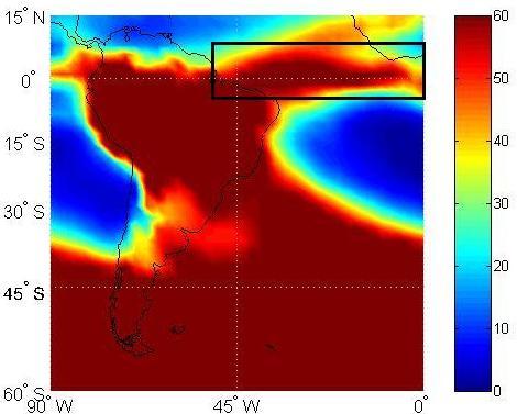 (a) (b) Figura 1: (a) Campo da média do número de dias por verão (1979-2007) da Vorticidade Relativa Negativa em 200 hpa -2,5 x10-5 s -1 com caixa representativa da