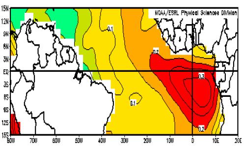 observado entre 3 N e 6 N, indicando um posicionamento mais ao norte da ZCIT (Andrade et al, 2006). A ODP muda a configuração de TSM no Atlântico e influencia o posicionamento e intensidade da ZCIT.