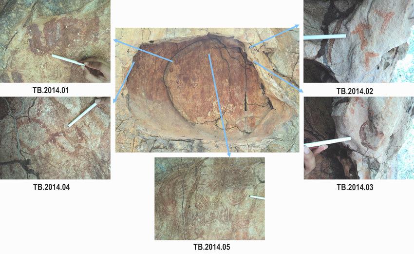 Figura 2. Indicação das áreas em que foram coletadas as amostras para a caracterização químico-mineralógica das tintas das pinturas rupestres e detalhes dos grafismos em que a coleta ocorreu.