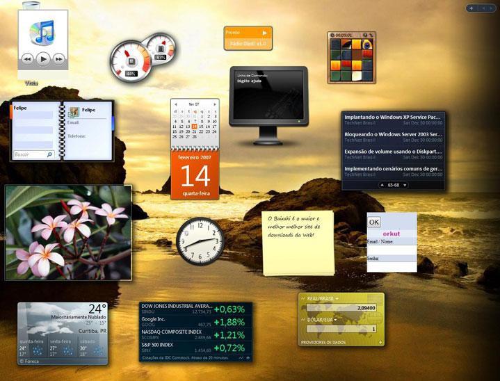 GADGETS Os Gadgets colocam informação e diversão, como notícias, fotos, jogos e as fases da Lua diretamente na sua área de trabalho. No Windows Vista, os gadgets foram agrupados na Barra Lateral.