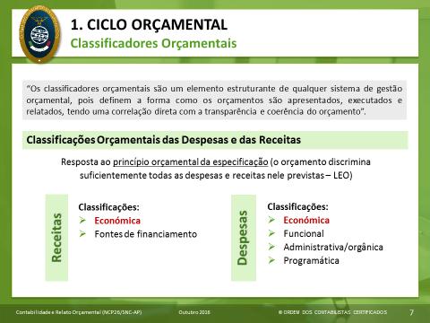 Conforme consta da NCP 26, Os classificadores orçamentais são um elemento estruturante de qualquer sistema de gestão orçamental, pois definem a forma como os orçamentos são apresentados, executados e