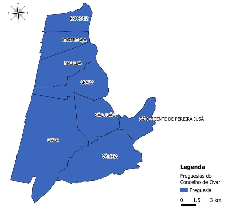 a sul pelos concelhos de Estarreja e Murtosa e a oeste pelo Oceano Atlântico.