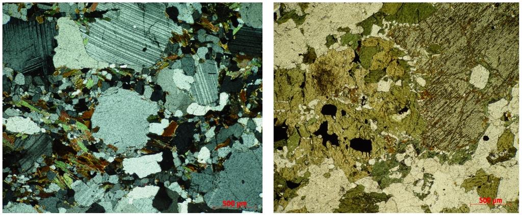 Ortognaisse migmatítico com estrutura schöelen (topo) e Ortognaisse migmatítico com estrutura estromática dobrada