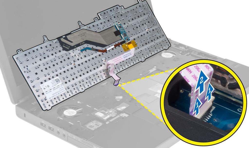 Como instalar o teclado 1. Conecte o cabo de dados do teclado à placa de sistema. NOTA: Dobre o cabo de dados do teclado no alinhamento correto. 2. Pressione e alinhe o teclado em seu compartimento.