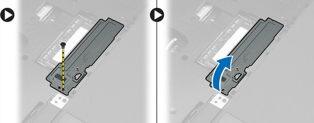 Como remover a memória secundária 1. Siga os procedimentos descritos em Antes de trabalhar na parte interna do computador. 2. Remova a/o: a. bateria b. acabamento do teclado c. teclado 3.