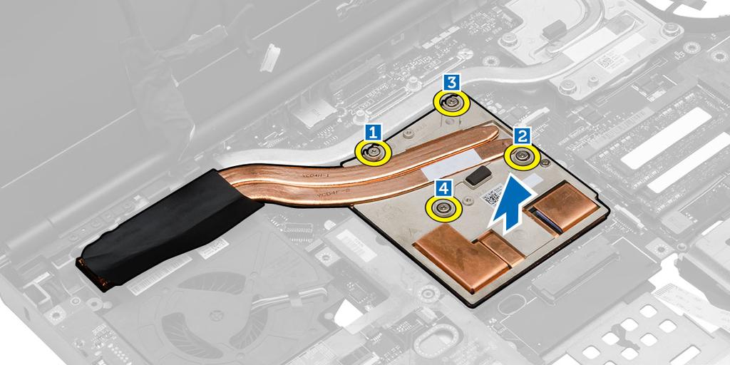 3. Execute as seguintes etapas para remover o dissipador de calor da placa de vídeo: a. Desconecte o cabo de LVDS [1]. b. Remova os parafusos que prendem o suporte do cabo de LVDS ao computador.