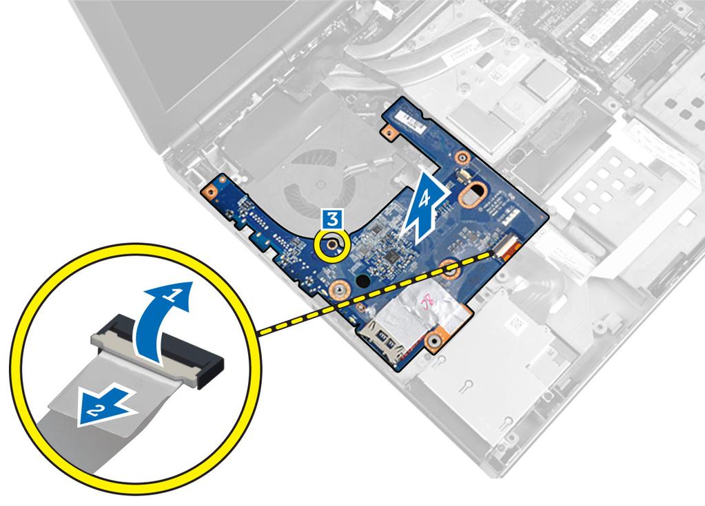 Como remover a placa de entrada/saída (E/S) 1. Siga os procedimentos descritos em Antes de trabalhar na parte interna do computador. 2. Remova a/o: a. cartão SD b. bateria c. tampa da base d.