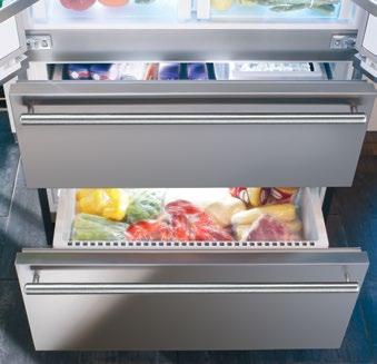 Gavetas do freezer: As gavetas duplas do freezer, montadas em trilhos telescópicos, oferecem enorme espaço de armazenamento.