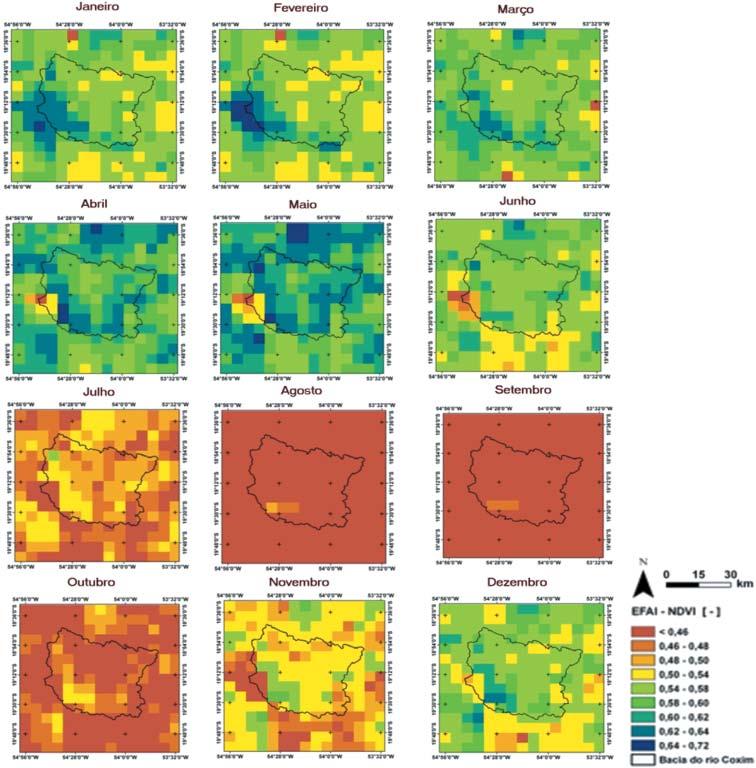 674 Relação NDVI e precipitação na Bacia do Rio Coxim-MS GEOGRAFIA Figura 5 - Evolução média mensal, de 1983 a 2000, do NDVI na bacia do rio Coxim, para os meses de janeiro a dezembro A escala de