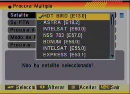 0: utilize [ ] para alterar as opções DISEqC 1,0 4. Índice de TP: utilice [ ] para seleccionar o TP desejado. 5. Só FTA: utilize [ ] para procurar só canais livres ou também canais codifi cados.