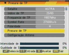 PROCURA DE TP Ao entrar neste menu, aparece um ecrã semelhante a OSD 46: 1. Satélite: utilize [ ] para mudar de satélite ou carregue em [OK] para abrir a lista de satélites disponíveis. 2.