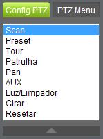 Expanda a lista de ajustes de PTZ para realizar as configurações de Scan, Preset, Tour, Patrulha, Pan, AUX, Luz/Limpador, Girar e Resetar, conforme a figura a