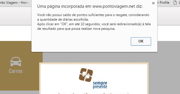 Observação: Se o titular não tiver a quantidade de pontos suficiente para resgate, o portal apresentará uma mensagem.